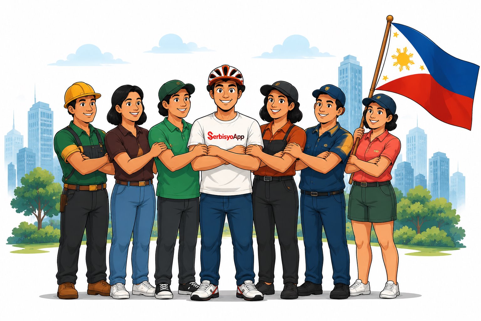 Filipino skilled workers standing together with Philippine flag